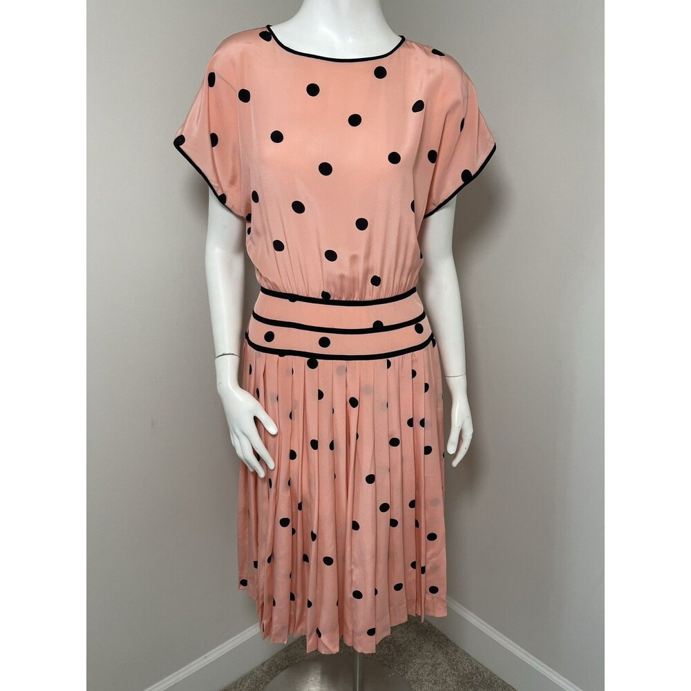 Vintage Nipon Boutique 100% Silk Midi Dress Polka Dots Pleated 8 Romantic Classy